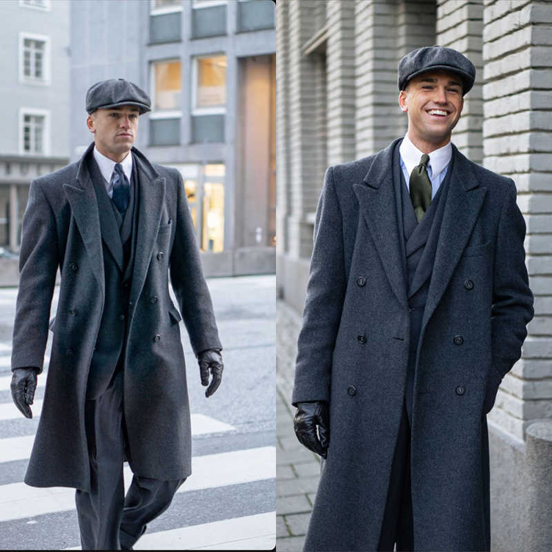 Casual One Piece Double Breasted Wool Trench Coat Peaked Lapel Warm Thick Long Overcoat Customized Business Winter Outerwear