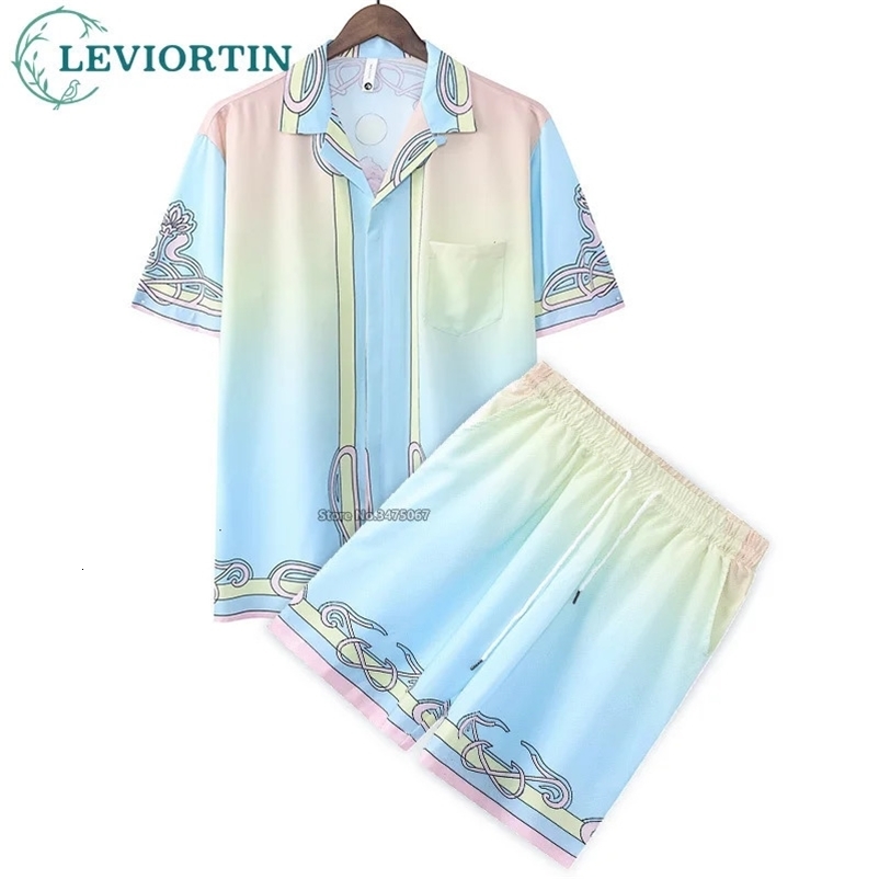 Fashion 2Piece Outfit Retro Castle Print Abstract Shirt Set Casual Shorts Short Sleeve Shirt Mens Summer Hawaiian Beach Shirts 240529