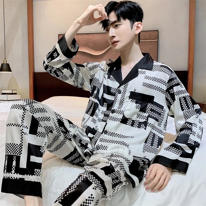 High Quality Satin Printed Pajamas Set Mens Nightwear Ice Silk Long Sleeve Loose Thin Teen Home Clothing Wear Suit Male Pyjama 240929