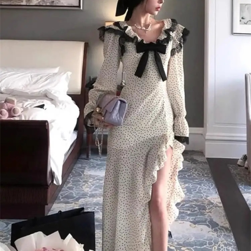 Vintage Polka Dot Ruffles Dresses French Elegant Lace Spliced Birthday Party Vestidos Women Spring Summer Korean Y2K Clothes 240802