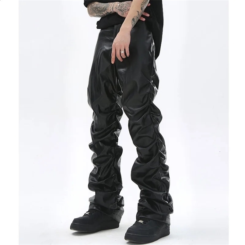 Hip Hop Mens Pleated Pu Leather Pants Harajuku Retro Streetwear Loose Ruched Casual Trousers Straight Solid Color Black Pants 240816