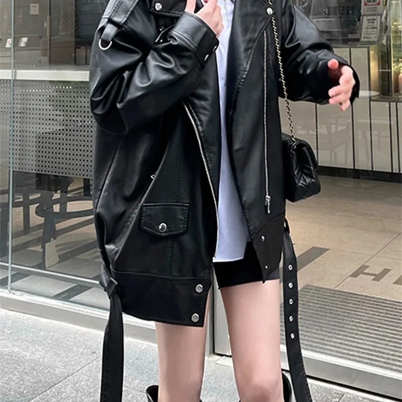 Aelegantmis Spring Large Leather Jacket Womens Belt Street Motorcycle PU Artificial Leather Jacket Womens BF Casual Clothing 240824