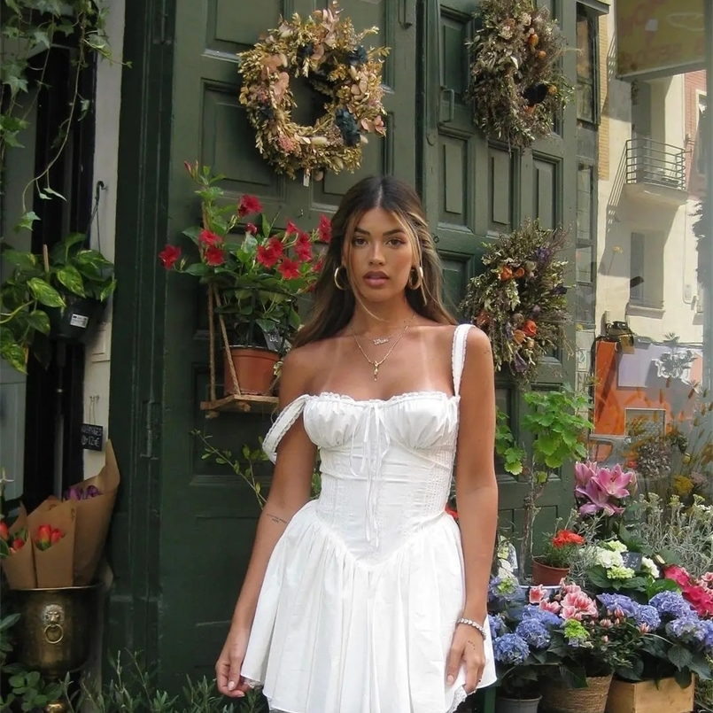 Elegant Women Summer Lace Floral Patchwork Corset Mini Dress Sleeveless Square Neck Tie-up Short Tank A-line Flowy Party Dress 240823