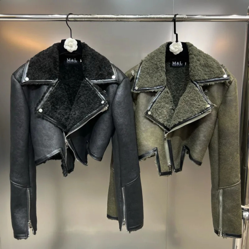 PREPOMP Winter Collection Turn Down Collar Zippers Sleeve Cuff Faux Fur Leather Jacket Women Irregular Coat GH010 241217