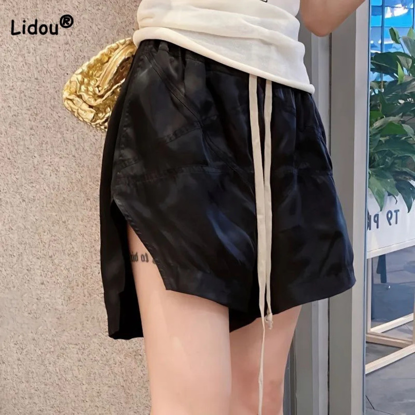 Female Loose Allmatch Solid Color Shorts Elastic Drawstring Summer Womens Clothing Fashion Casual Pockets Pants 240428