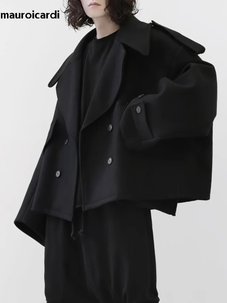 Mauroicardi Autumn Winter Warm Oversized Black Woolen Coat Men Cool Loose Dark Academia Aesthetic Vintage Clothes 2023 250917Z