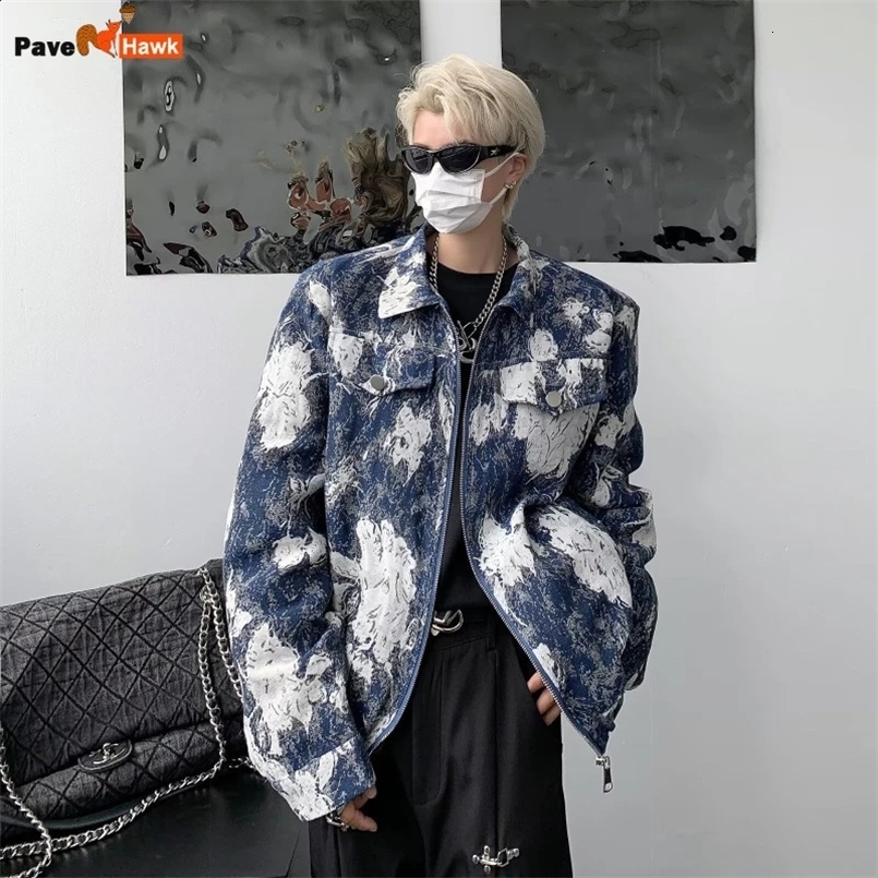American Short Mens Jacket Spring Gradient Print Trendy High Street Coat Lapel Zipper Shoulder Pad Jacquard Outwear 240816