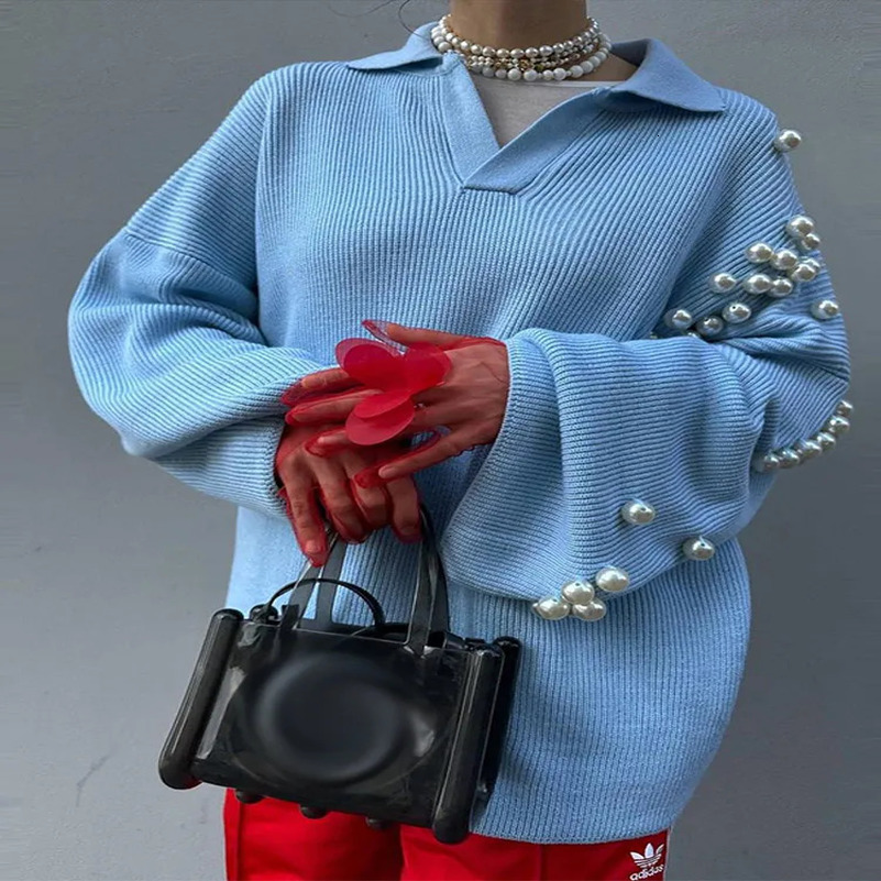 Elegant Solid Pearl Decoration Knitted Sweater Women Chic Flip Collar Long Lantern Sleeves Loose Pullover Autumn Lady Streetwear 250102