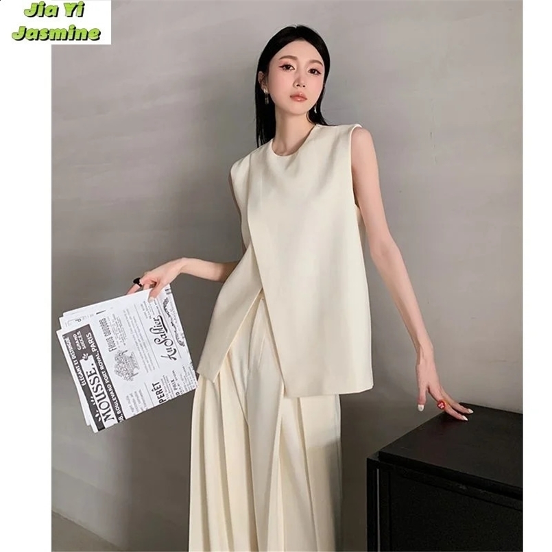 Summer Korean Edition High End Style Suit Vest Wide Leg Pants Two Piece Set for Womens Fashion and Fashionable Style 240731