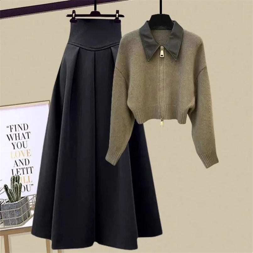 Spring Elegant Two Piece Skirt Set Warmer Long Sleeve SweaterA Line Skirt Dresses Two Piece Suit Work Office Lady Two Piece 240829