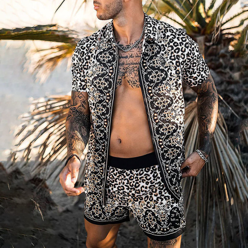 Mens Tracksuits Men leopard print Hawaiian Sets Summer Short Sleeve Button Shirt Beach Shorts Streetwear Casual Suit 2 Pieces 230418
