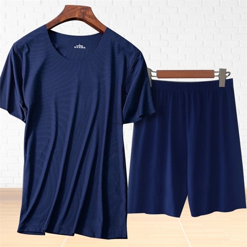 Men's Sets Short Sleeve Shorts Pajamas Summer Ice Silk Sleepwear Threaded Seamless Short-sleeved T-shirt Man Casual Home Clothes 220511