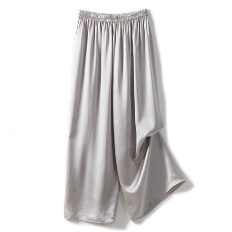 Women's Pants Capris SuyaDeam 100%Pure Silk Solid Women Elastic Waist Wide Leg Pants Spring Summer Ankle-Length Solid Chic Trousers Cozy Bottom