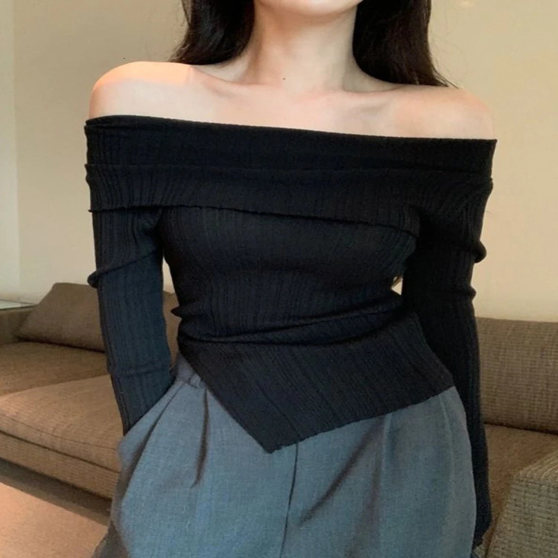 Womens Sweaters Deeptown Korean Fashion Black Knitted Sweater Women Harajuku Sexy Slim Off Shoulder Jumper Elegant Casual Crop Tops Streetwear 23111