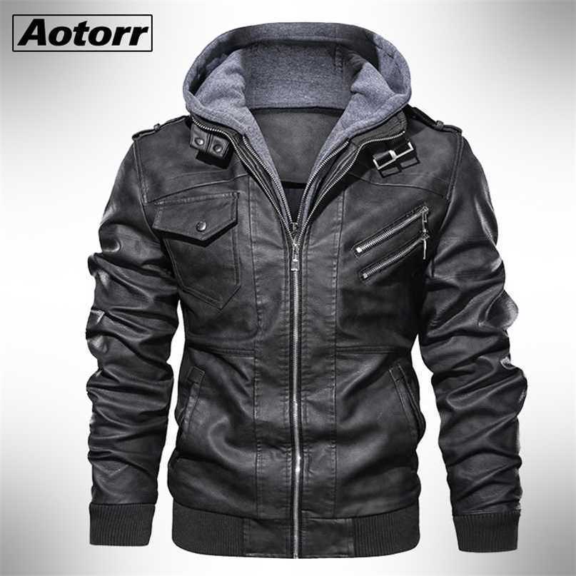 Autumn Winter Men's Motorcycle Leather Jacket Windbreaker Hooded Jackets Male Outwear Warm Biker PU Jackets EU Size 3XL 211222