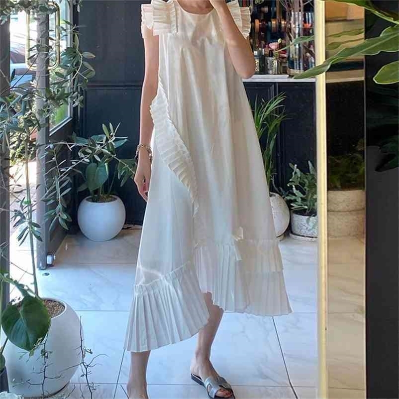 Korean Style Elegant White Dress Summer New Round Neck Fashion Ladies Solid Color Casual Irregular Women Clothing 210329