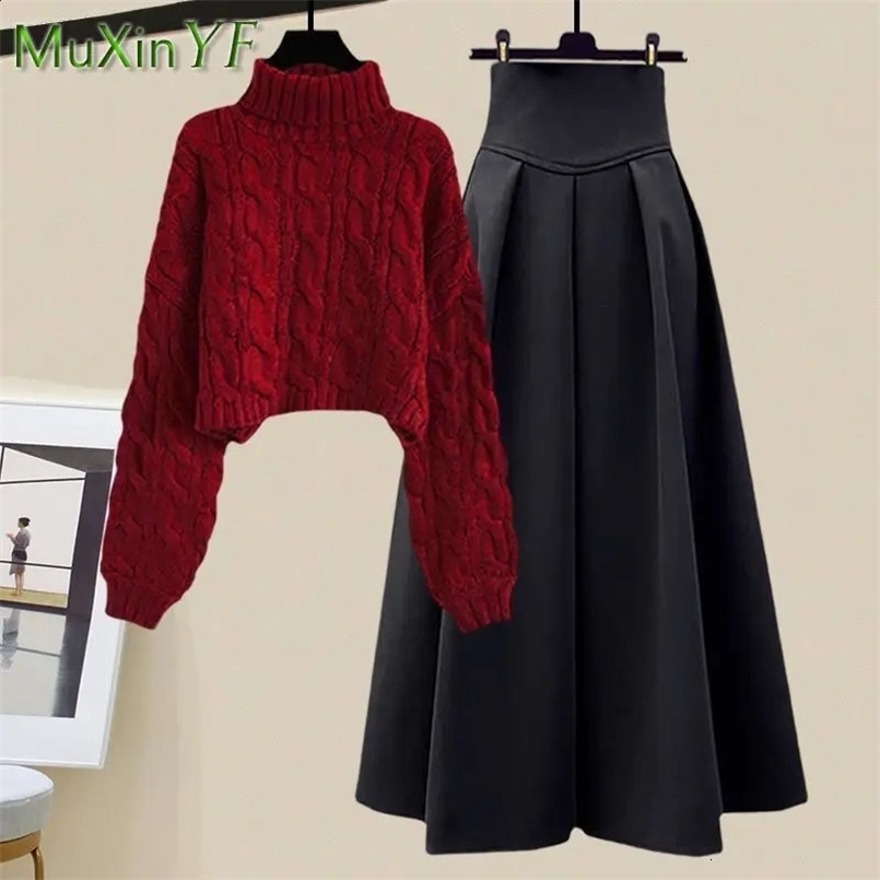 Womens Autumn Winter Fashion High Neck Knitted Sweater Suit Korean Elegant Long Sleeve PulloverHigh Waist Dress Two Piece 240829