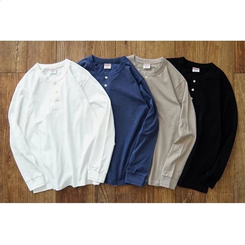 Sauce Zhan Tops Tees Henley Tee Mens T-shirt Long Sleeve Henry Collar Pure Cotton Solid Color 230g Loose Set 241118