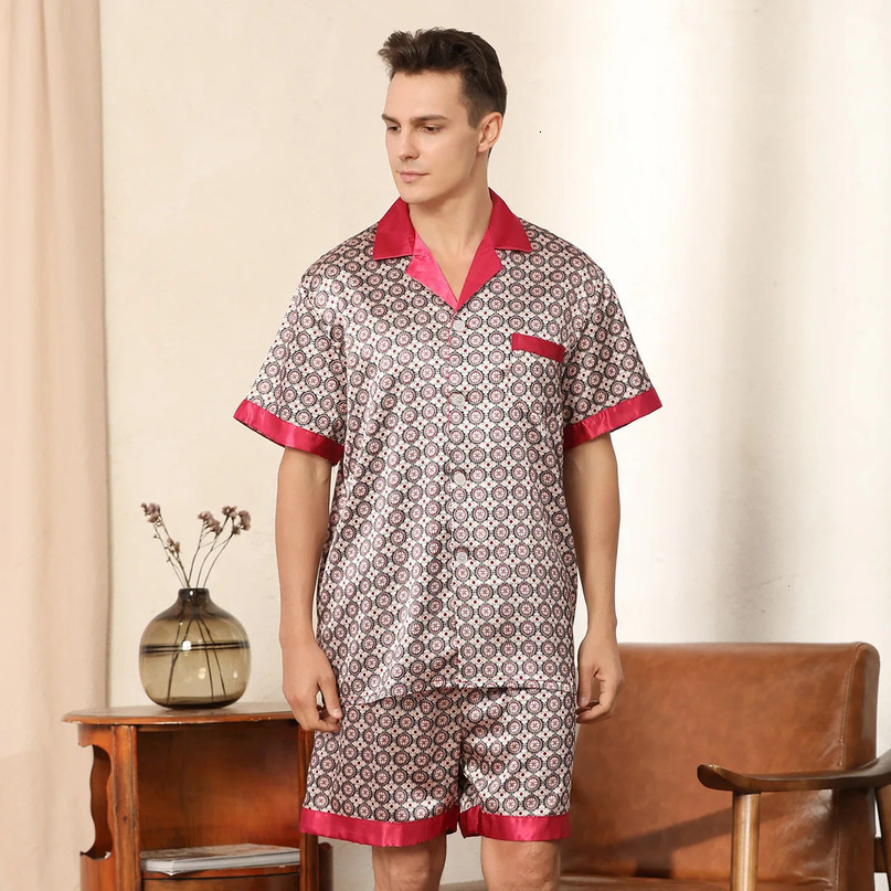 SXXL Mens Loose Sleepwear Print Short Sleeve Shorts 2PCS Pajamas Suit Spring Summer Ice Silk Home Clothes Fashion Nightwear 240408