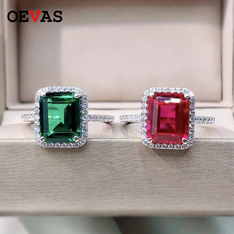 OEVAS 100% 925 Sterling Silver 8*10mm Emerald Wedding Rings For Women Sparkling High Carbon Diamond Party Fine Jewelry Wholesale 240626