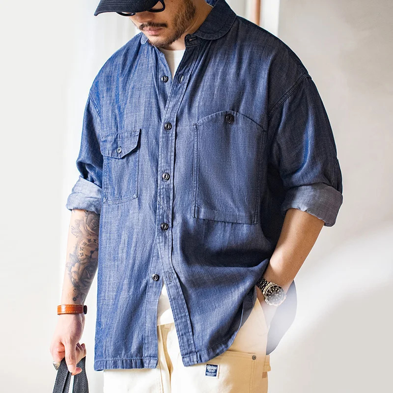 Maden 2023 Autumn Mens Vintage Tencel Denim Shirts Amekaji Lycra Long Sleeve CPO Shirt Jacket Uncle Fu Jean Blouse 250917Z