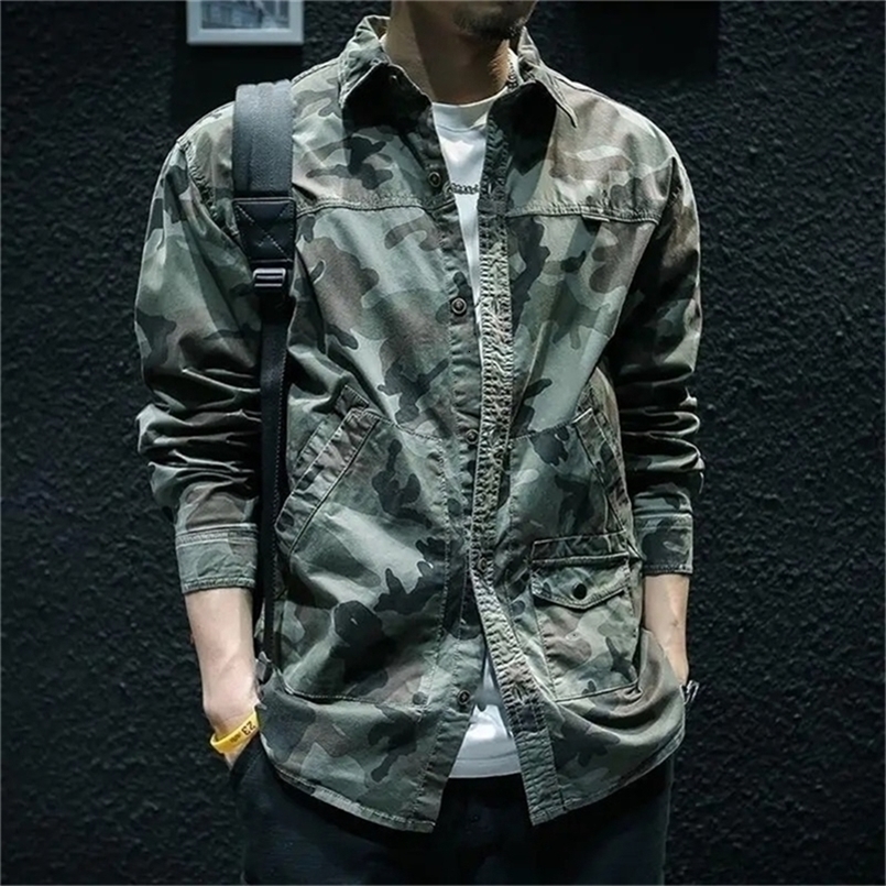 Vintage Camouflage Denim Work Jacket For Men Long Sleeve Durable American Style Bomber Jacket By Ameigao 240829