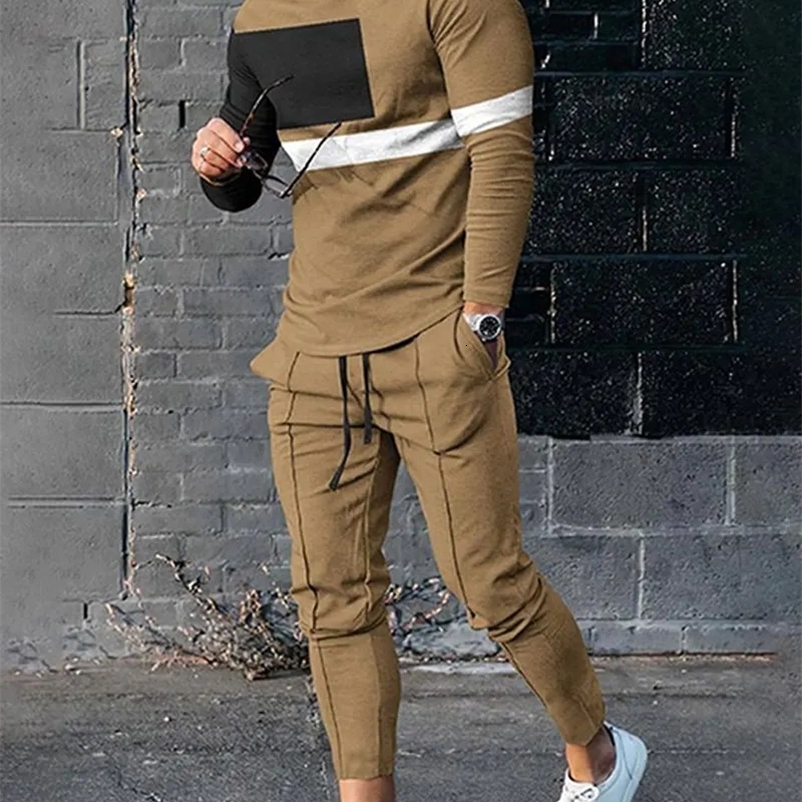 Mens Sets Fashion Tracksuit Long Sleeve Top Sports Pants Set Colorblock Print Long Sleeve Plus size Casual Men Outfit 240129