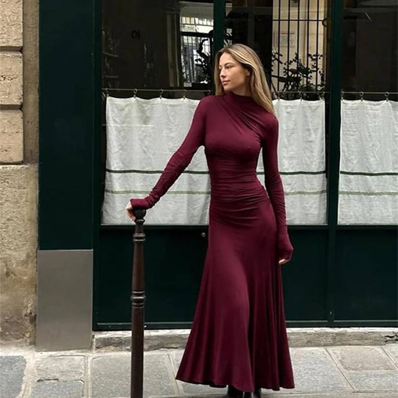 Elegant Solid Turtleneck Slim Dress For Women Fashion Chic Pleated Long Sleeve Dresses Autumn Winter Female High Street Robes 241021