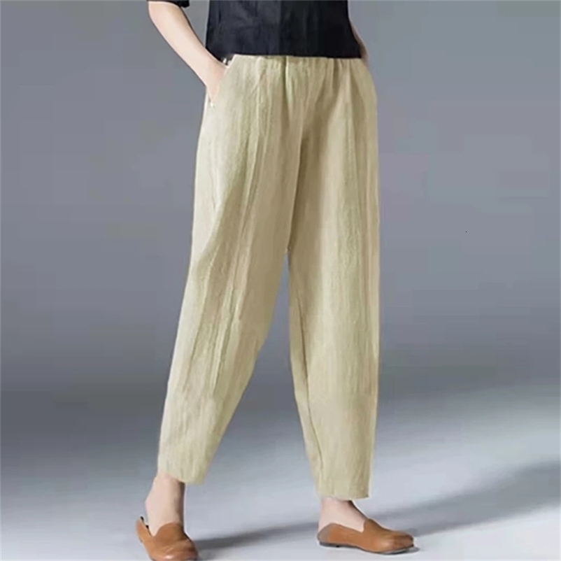 Women's Pants Capris Lucyever Cotton Linen Ankle Length Pants Women Spring Summer Casual Harem Trousers Black White Elastic Waist Loose Pants 2