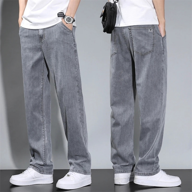 Summer thin mens straight loose grey jeans with soft fabric Lyocell fabric light colored casual pants mens Trouser 241203