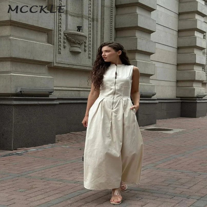 Elegant Zipper Slim Pleated Maxi Dress Women Fashion Solid Vneck Sleeveless Dresses Summer Office Lady Commuting Robe 240615