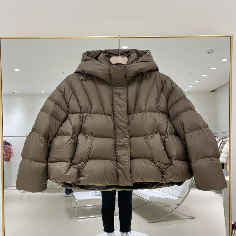Oversized womens hooded jacket winter high-quality brown 90% long sleeved cushioned jacket womens jacket warm jacket 241113