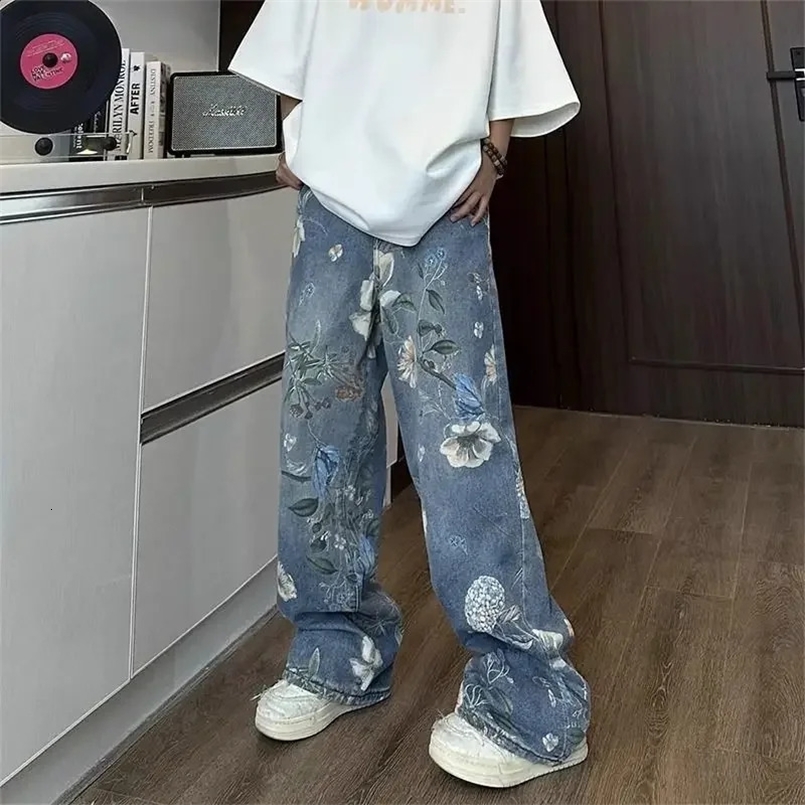 Hip hop high street personality flower print straight leg washed jeans for men and women loose wide leg casual couple pants y2k 240823