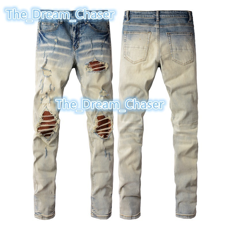European American Vintage Mens High Street Slim Fit Skinny Jeans Trendy Distressed Patchwork CrossBorder 887 Street Fashion