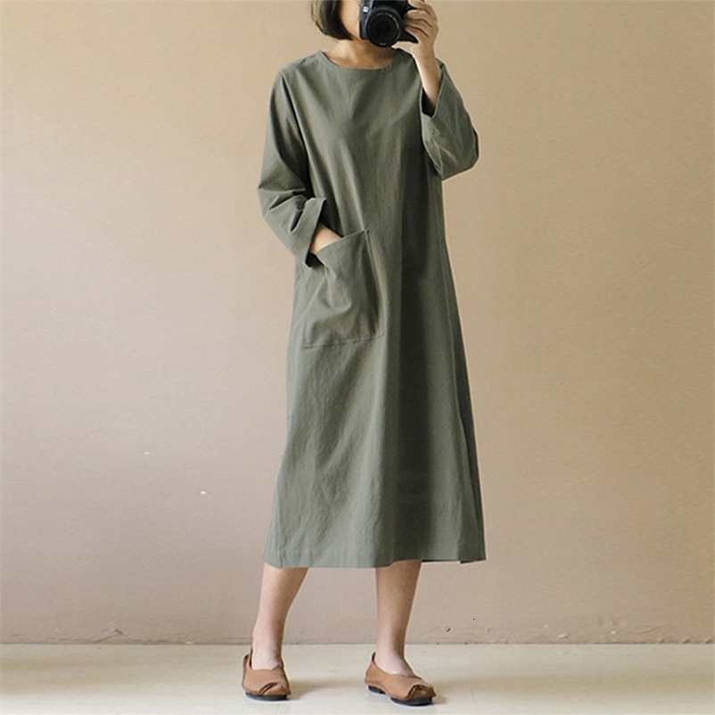 Casual Dresses S-5xl loose cotton linen women's dress open long sleeves spring and autumn party dress pocket casual women's dress 230407
