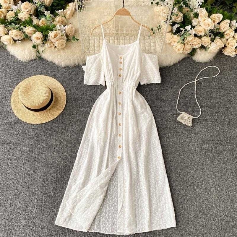 DEAT Women Hollow Out Off Shoulder Single Breasted Suspender Dress Square Collar Slim Midi Fashion Spring Summer 11B713 210709