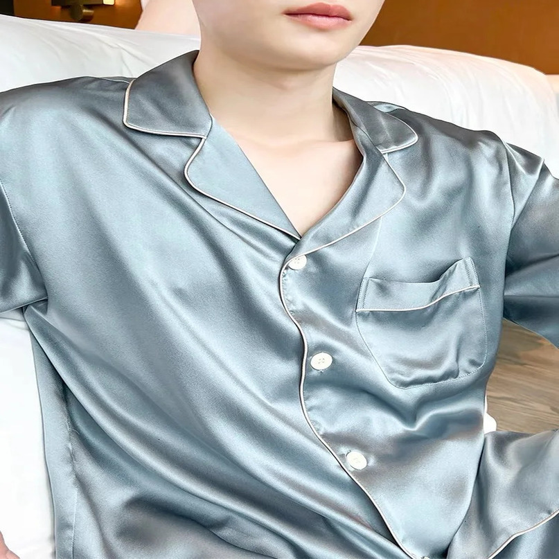 Haze Blue Dashing Mens Silk Pajama Set 19 MM Premium Pure 100 Long Sleeve PJs for Men Luxe Sleepwear Solid Color Navy Grey 240408