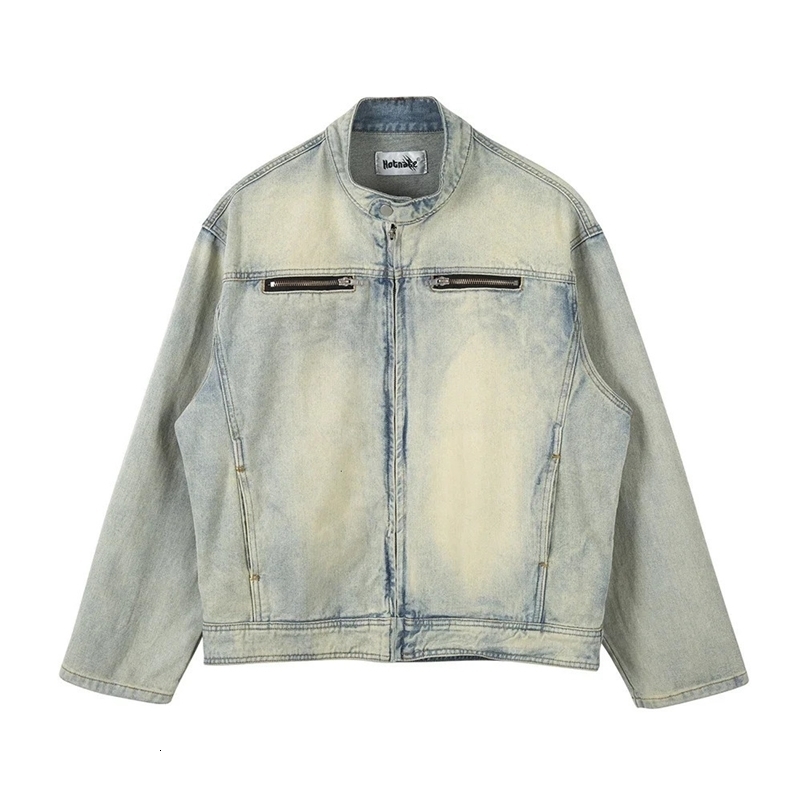 Y2k Streetwear Washed Biker Jeans jackets for Men and Women Zipper Pocket Ropa Hombre Windbreaker Denim Coat Oversized 240408