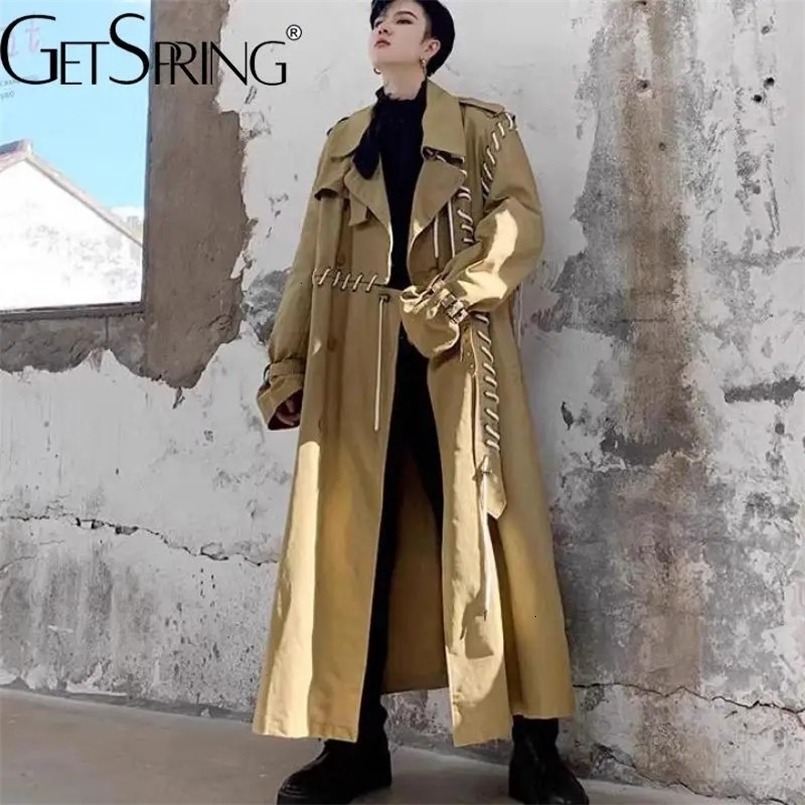 Getspring Women Trench Coat Full Sleeve Double Breasted Windbreaker Drawstring Handsome Loose Leisure Long Men Overcoat Autumn 240625