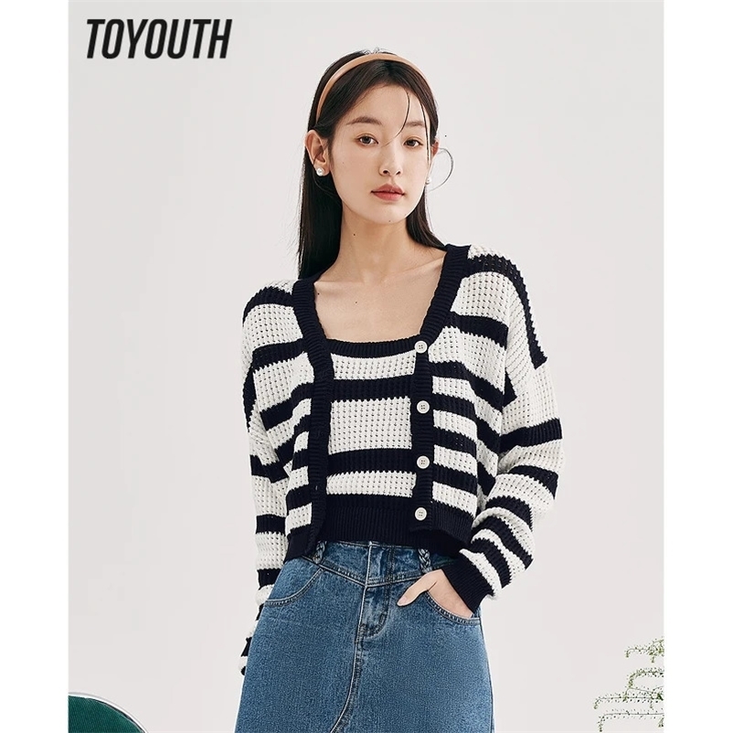 Toyouth Women Knit Cardigan Spring Long Sleeves V Neck Loose Black and White Stripe Sweaters Hollow-out Y2K Fashion Tops 240703