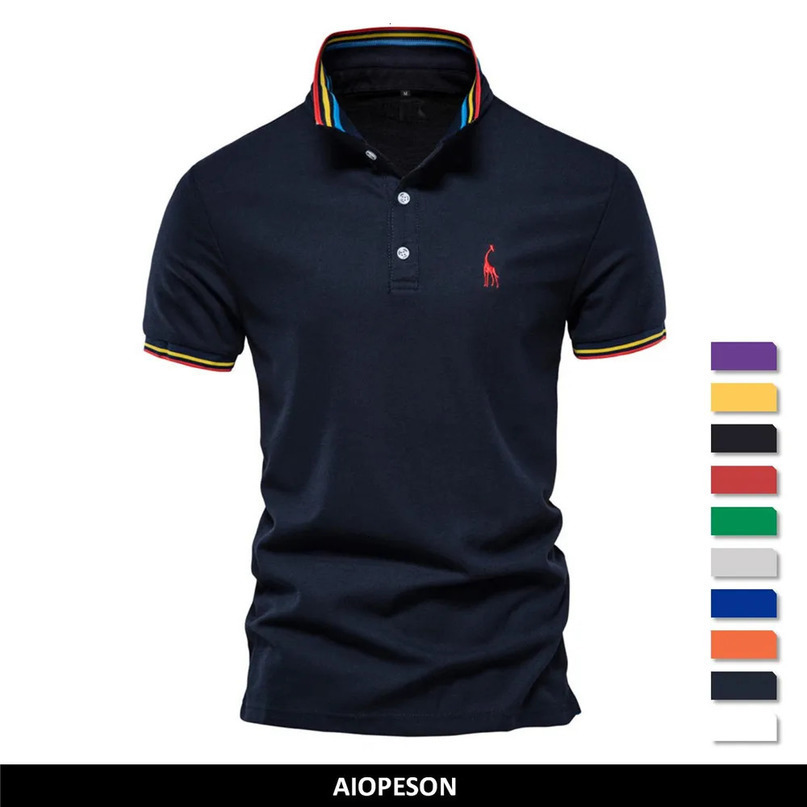 AIOPESON Summer Polo Men Solid Giraffe Embroidery Short Sleeve Shirts for Fashion Stand Collar Mens 240401