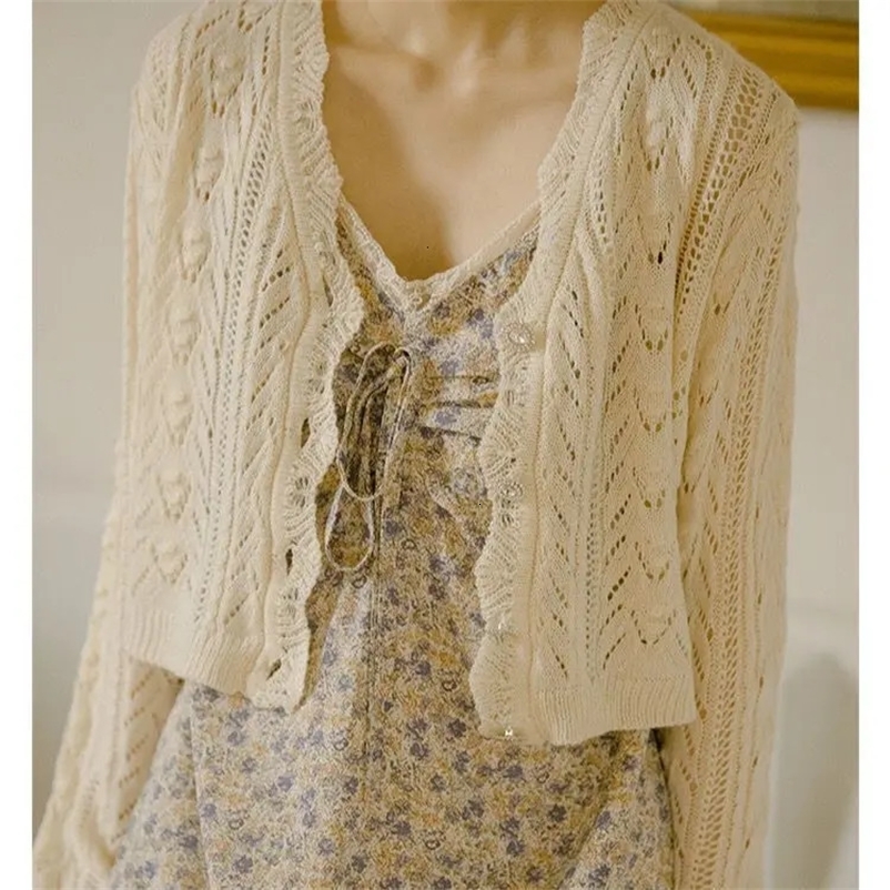 Women Spring Preppy Style Knitted Cardigan Jacket Long-sleeved Hollow Out Sun-proof Tops Female Casual Thin Ladies Coat L157 240703