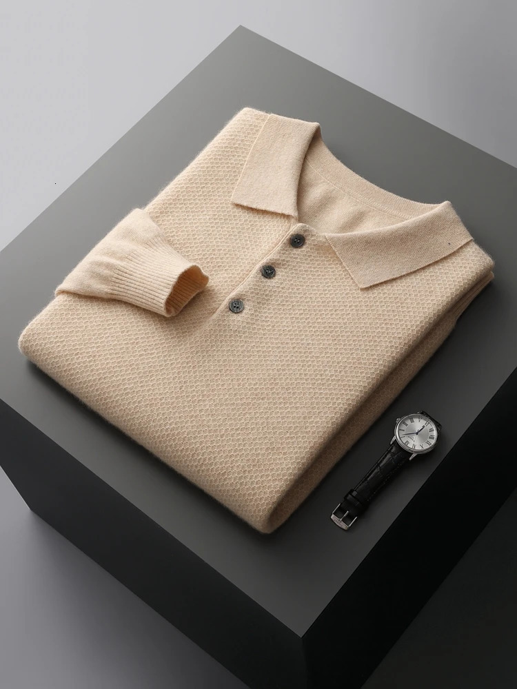 MEETCC Polo Collar Men 100% Cashmere Pullover Autumn Winter Soft Warm Sweater Cashmere Honeycomb Knitwear Casual Jumpers 250804