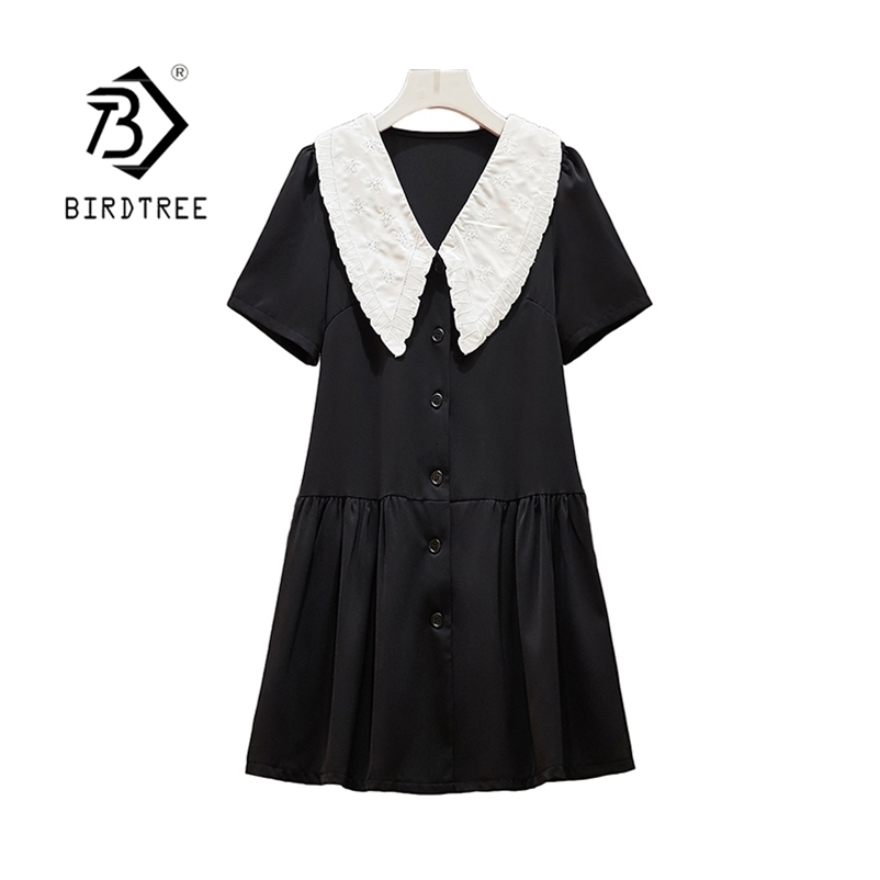 Summer Women's Vintage Korean Plus Size Knee-Length Dress Peter Pan Collar Short Sleeve Button Elegant Ruffle Dresses D13410X 210416