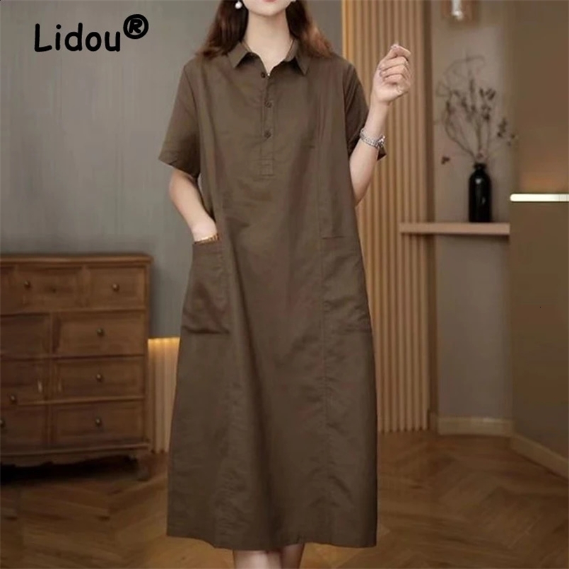 Womens Vintage Streetwear Cotton Linen Shirt Midi Dress Y2K Female Summer Korean Simple Casual Dresses Short Sleeve Loose Robe 240722