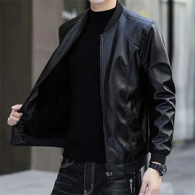 Autumn Winter Korean Thick Solid Coat Man Zipper Pocket Casual Plus Velvet Tops Loose Leather Jacket Fashion Y2K Male Clothes 240816