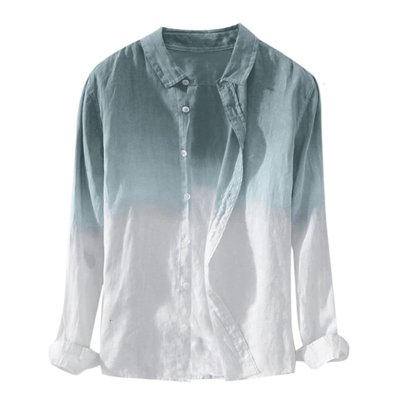 Men's Casual Shirts Men Summer Shirt Long Sleeve Hawaiian Blouse Hawaiian Cool Thin Breathable Lapel Collar Hanging Dyed Gradient Cotton Shirt