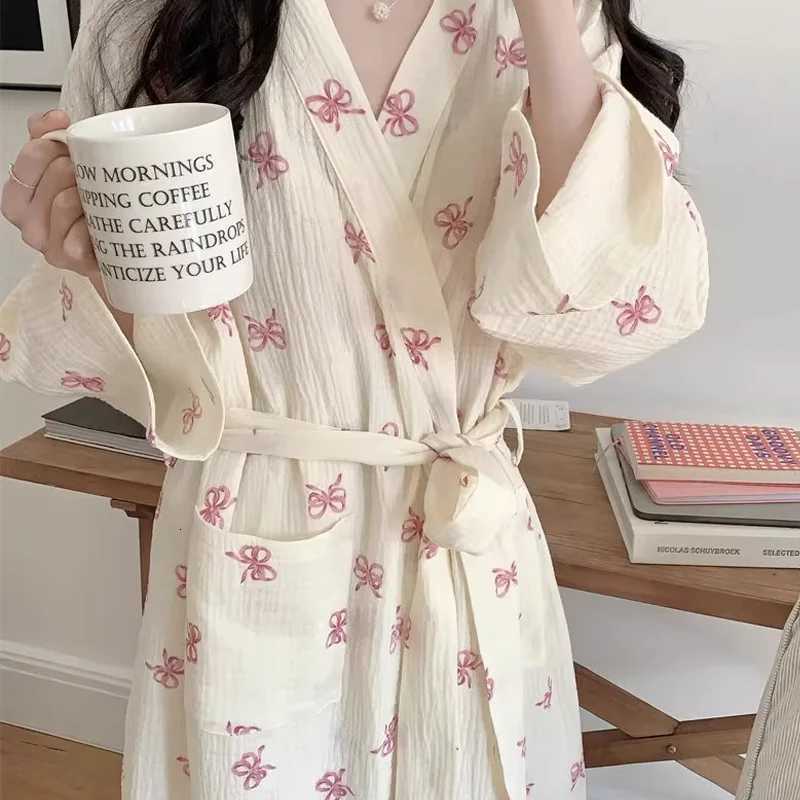 New Pajamas Womens Spring and Fall Korean Simple and Comfortable Robe Pink Bow Casual Loose Homewear Nightgowns Womens Clothin Z250924