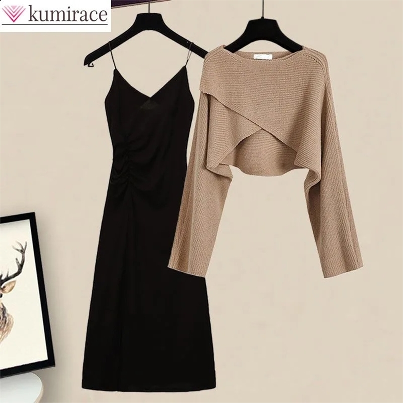 Korean Autumn Cross Knitted Sweater Black Sling Mini Dress Two Piece Elegant Womens Skirt Set Female Outfit 240829