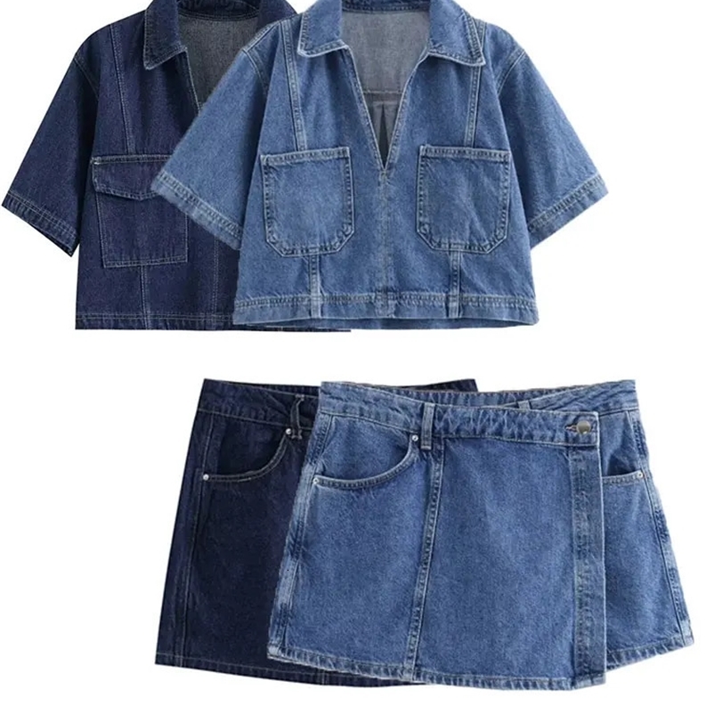Summer denim two-piece set short sleeved pocket womens top mini skirt shorts fashionable casual womens two-piece set Y2K 250317